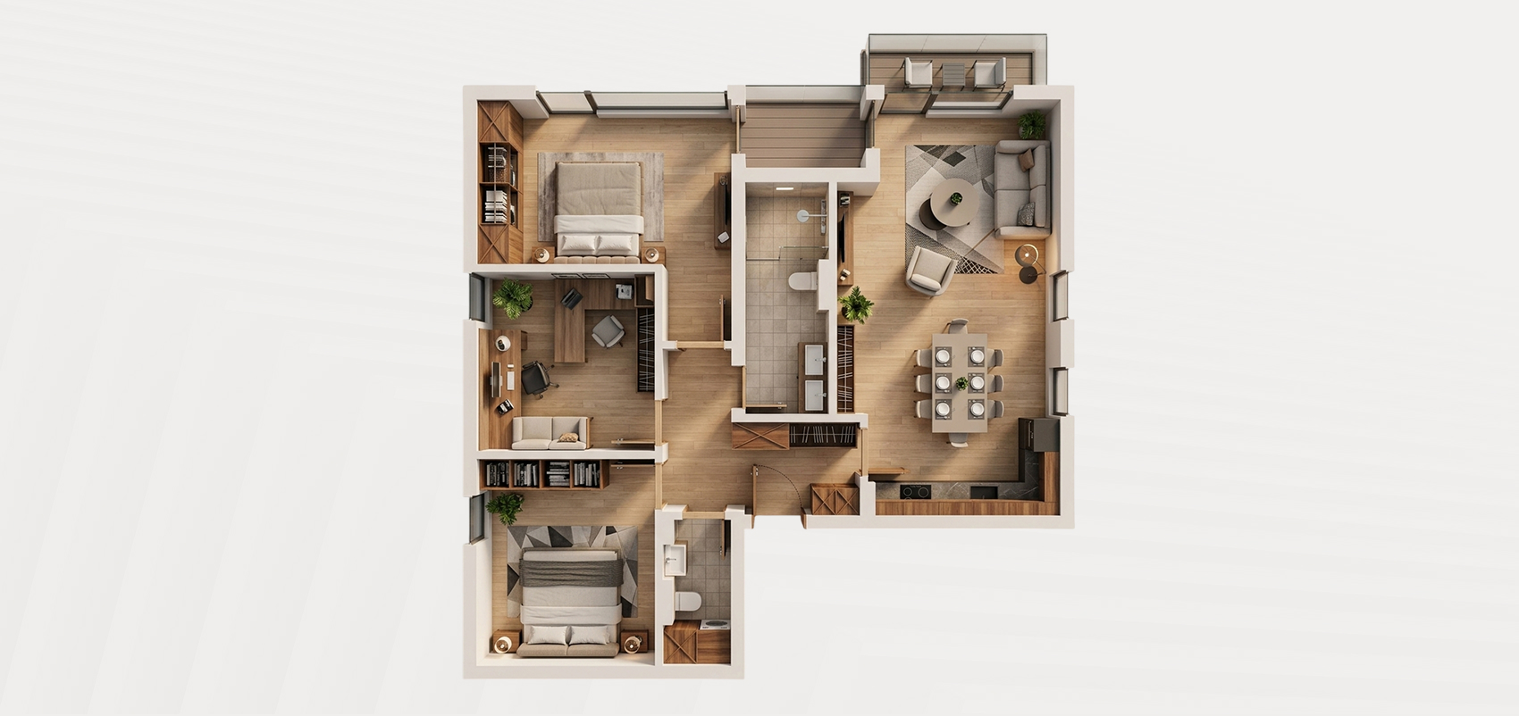 Interior visualization — S18, second floor, three-bedroom apartment